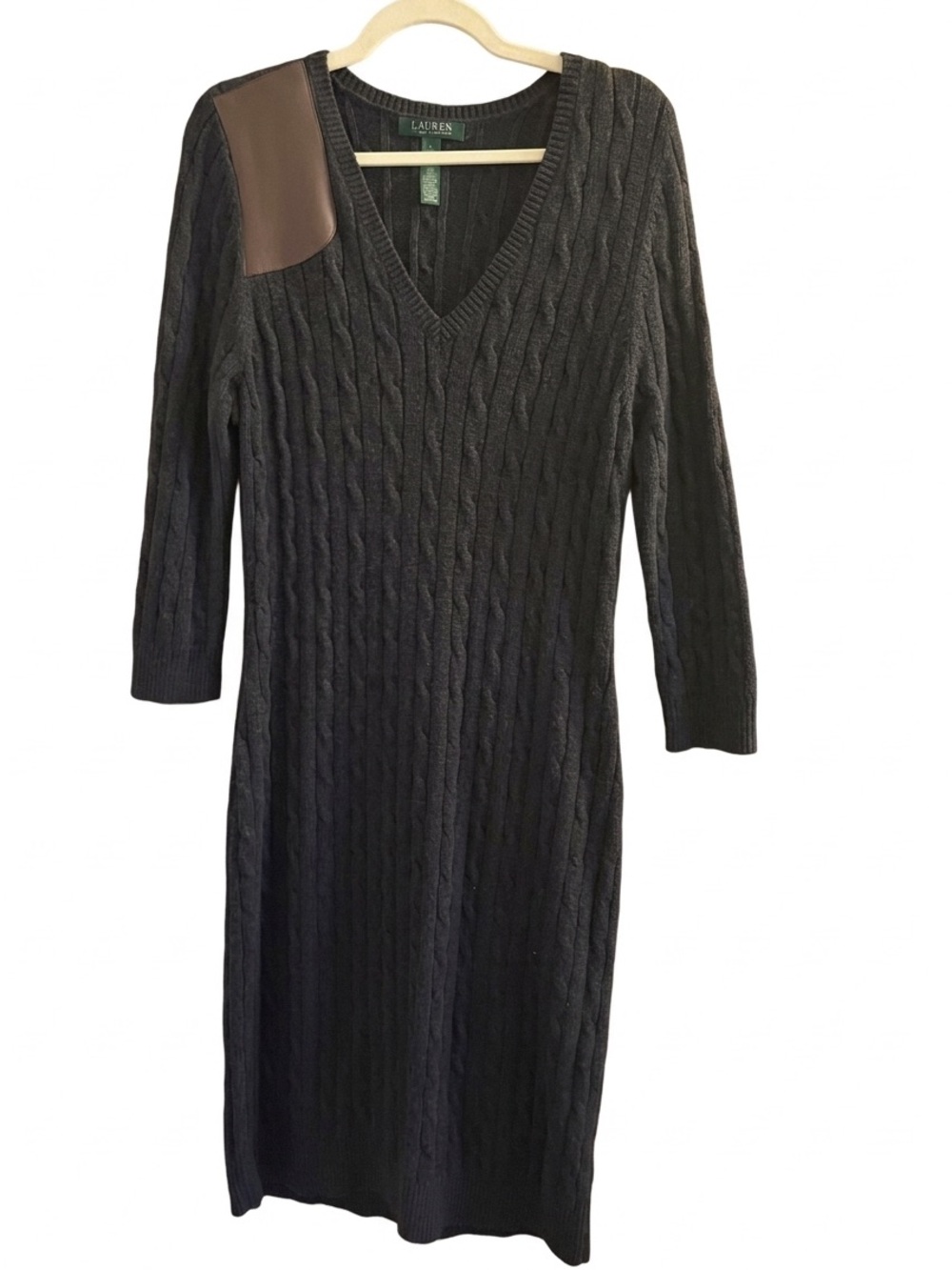 Ralph Lauren charcoal cotton cable knit leather patch sweater dress vintage